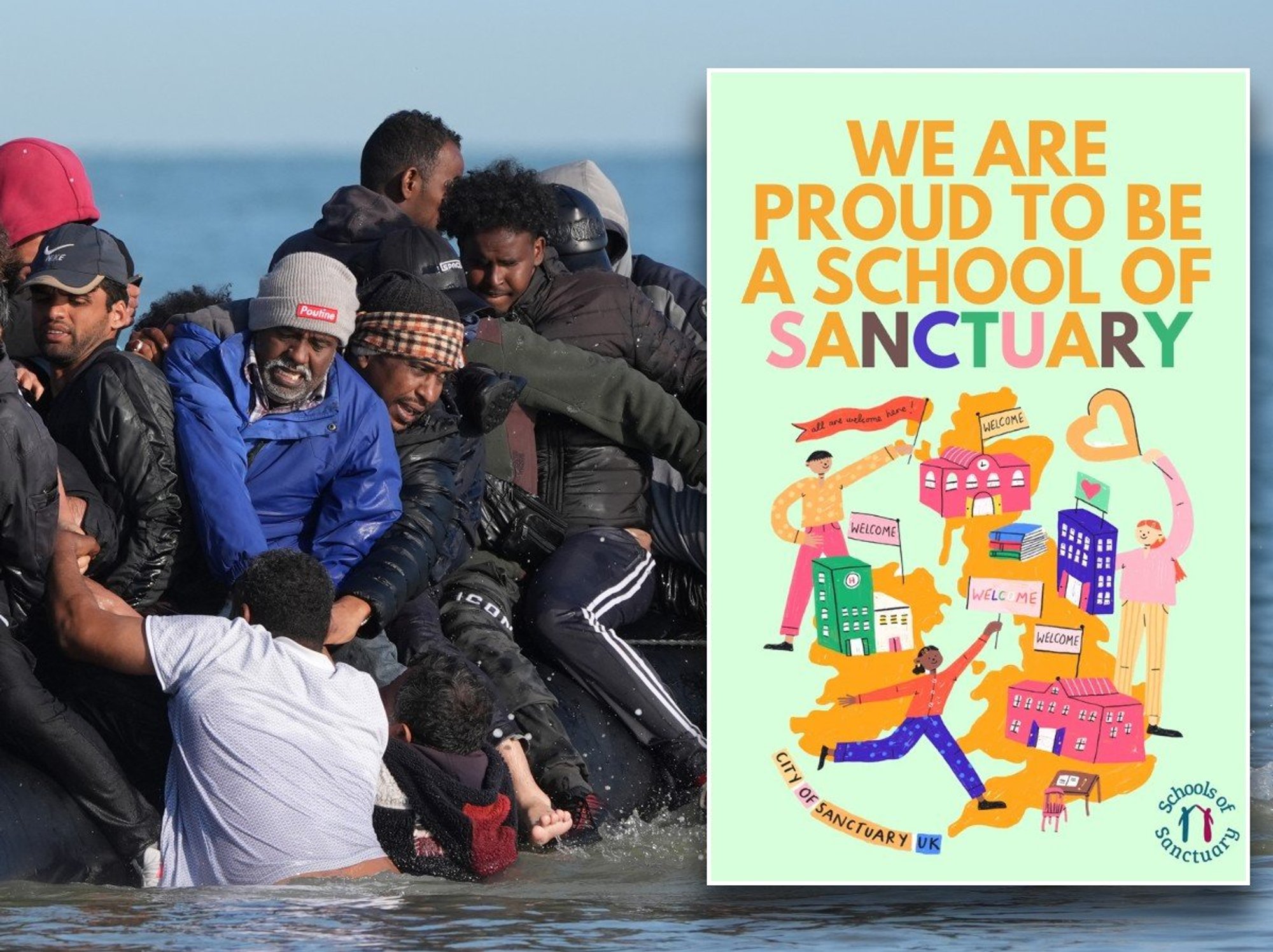 Migrants crossing Channel and School of Sanctuary poster