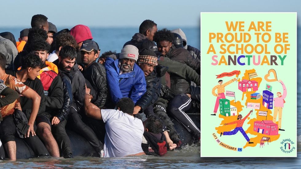 Migrants crossing Channel and School of Sanctuary poster