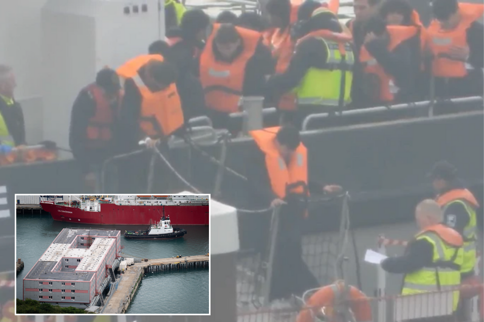 Migrants disembarking a boat with inset of Bibby Stockholm