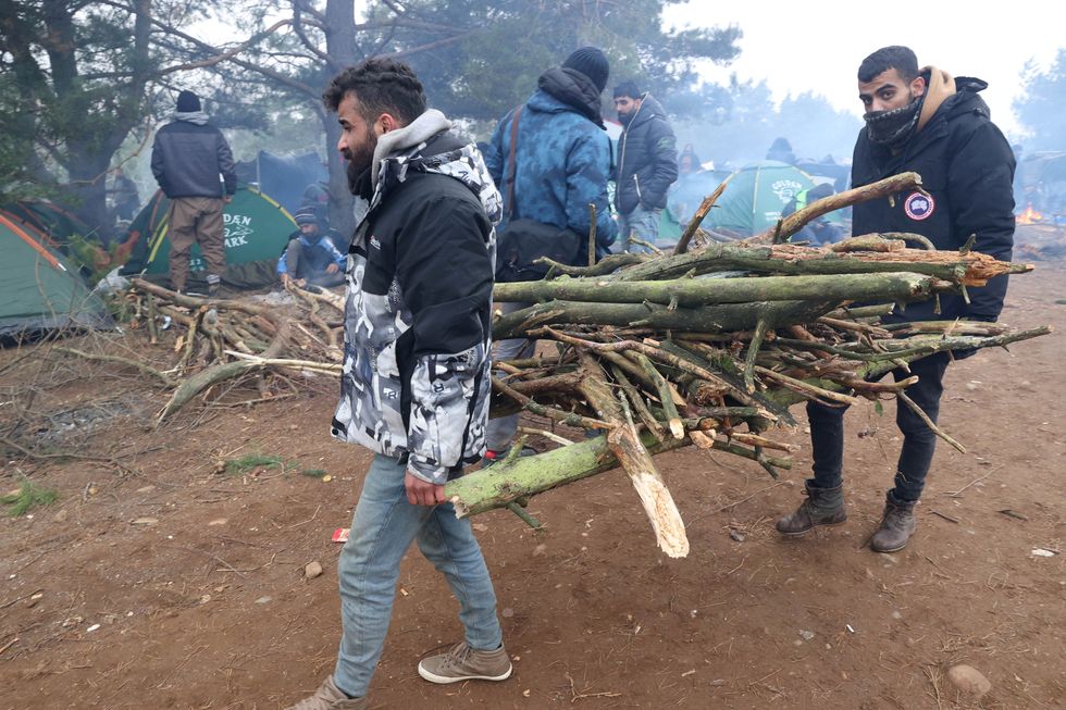 Migrants gather firewood near the Belarusian-Polish border in the Grodno region, Belarus November 10, 2021.
