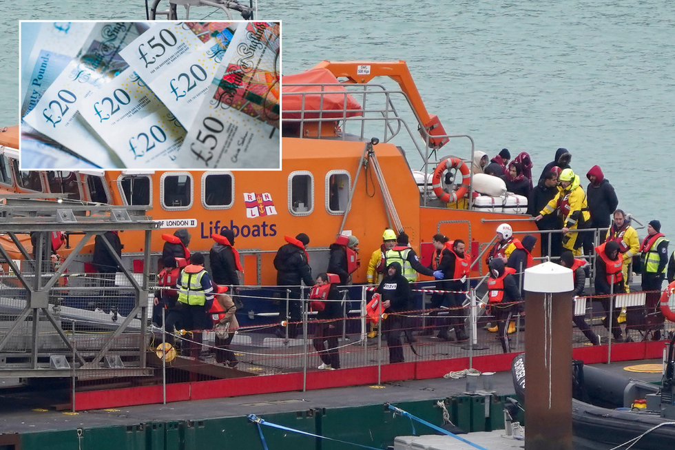 Migrants getting off boat with inset of cash