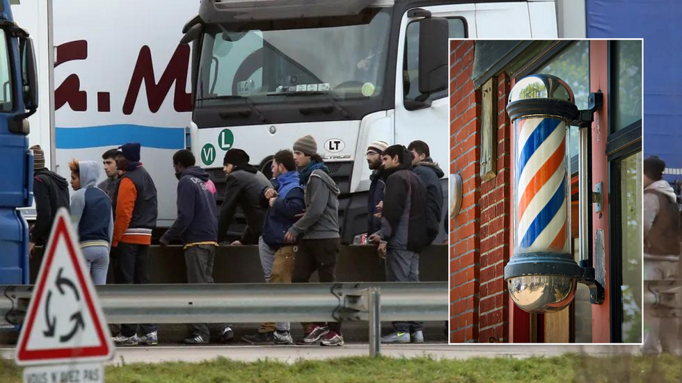 Migrants in Calais/barbershop sign