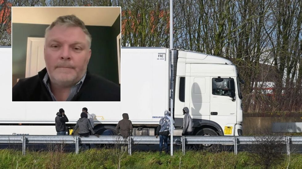 Migrants next to lorry (stock pic) with inset of Ed Rogers