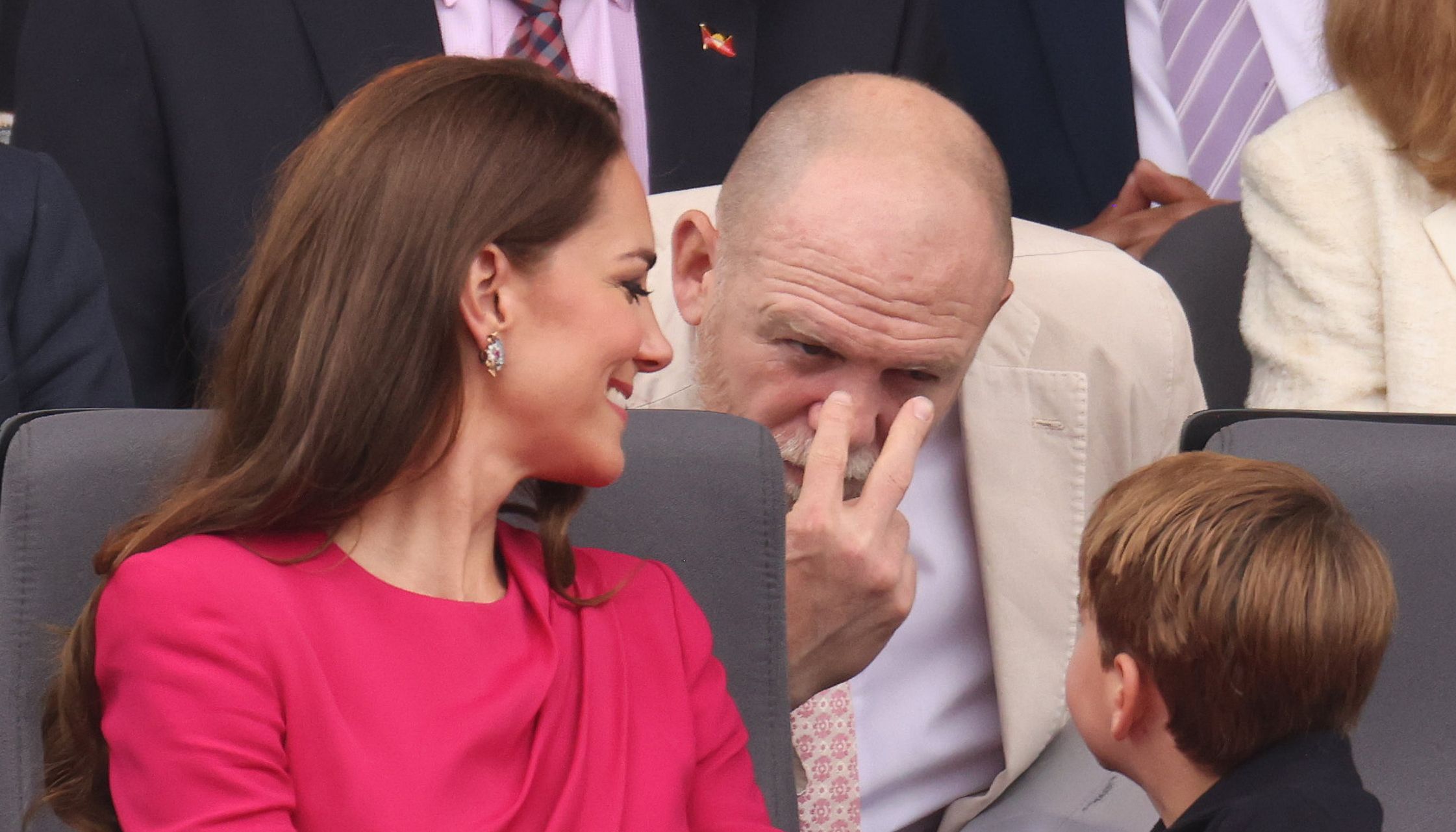 Mike Tindall messes around with Prince Louis, watched by the Duchess of Cambridge during the Platinum Jubilee Pageant in front of Buckingham Palace, London, on day four of the Platinum Jubilee celebrations. Picture date: Sunday June 5, 2022.