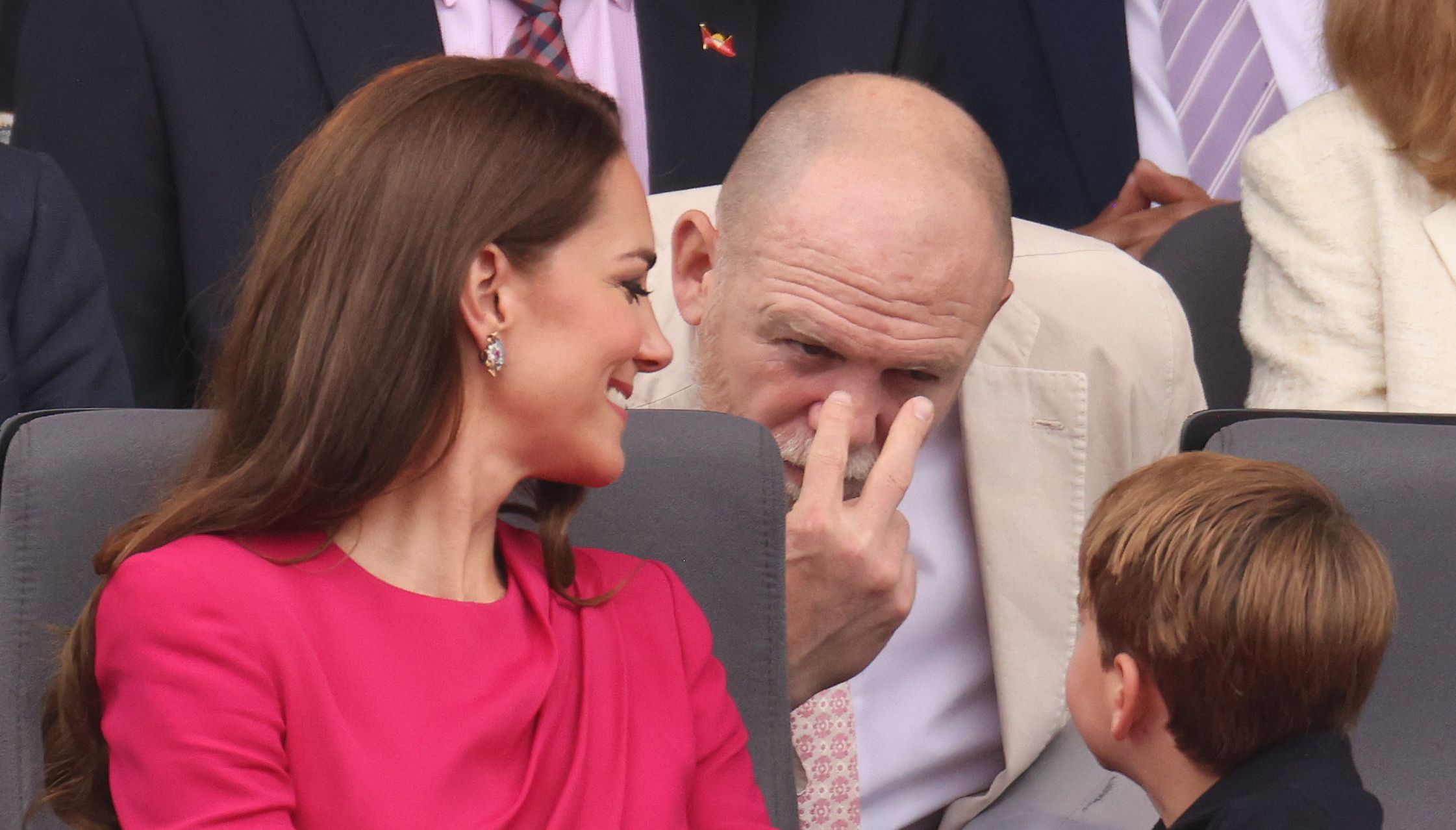 Mike Tindall messes around with Prince Louis, watched by the Duchess of Cambridge during the Platinum Jubilee Pageant in front of Buckingham Palace, London, on day four of the Platinum Jubilee celebrations. Picture date: Sunday June 5, 2022.