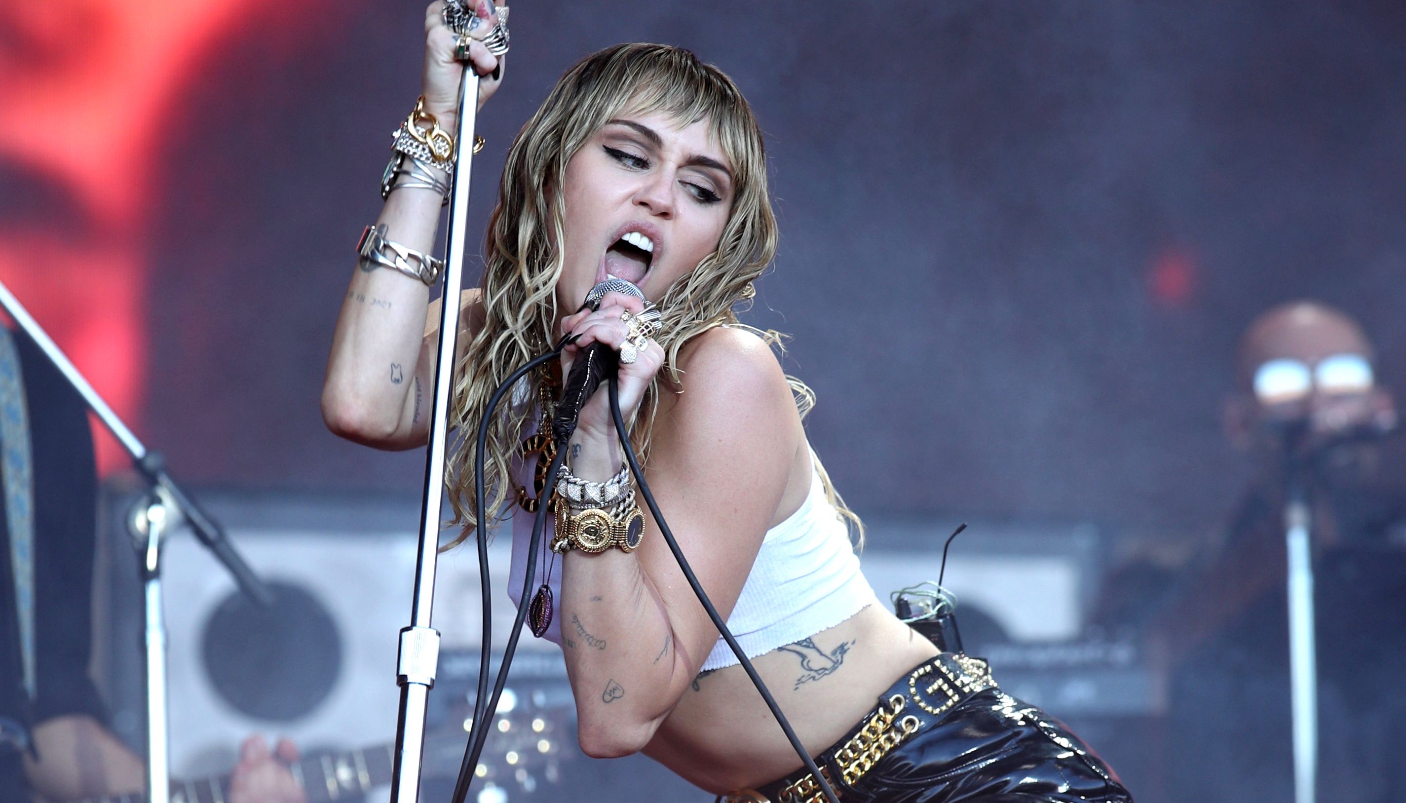 Miley Cyrus performing on the fifth day of the Glastonbury Festival at Worthy Farm in Somerset.
