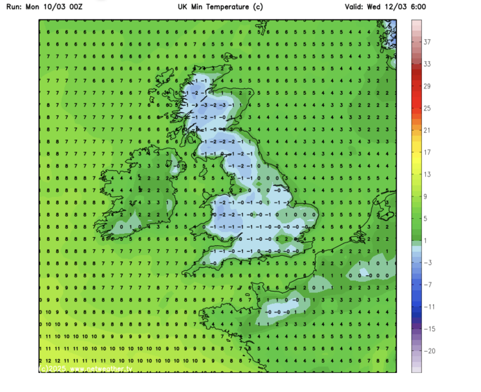 Minimum temperatures across the UK on Wednesday
