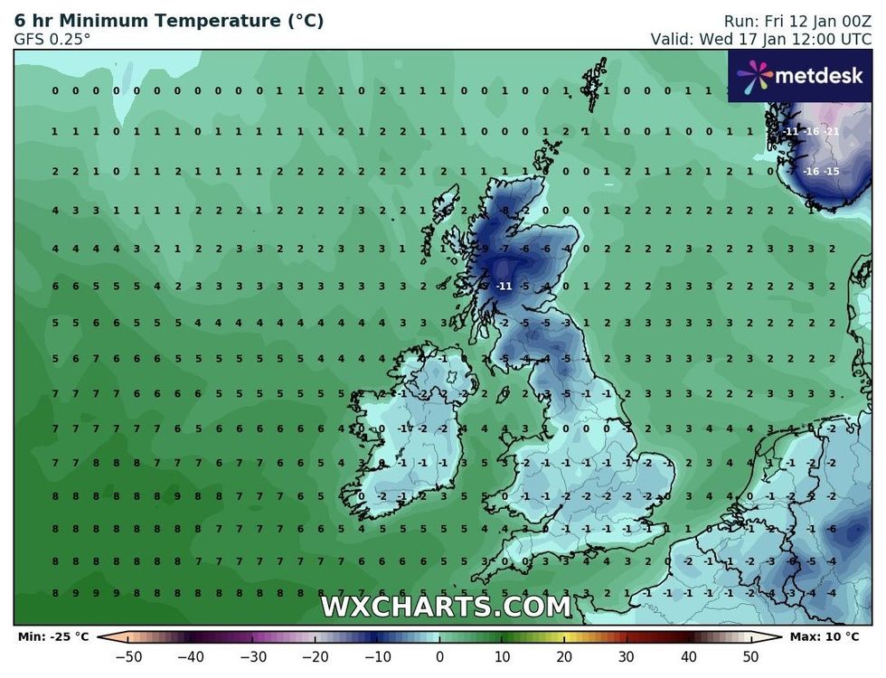Minimum temperatures on January 17