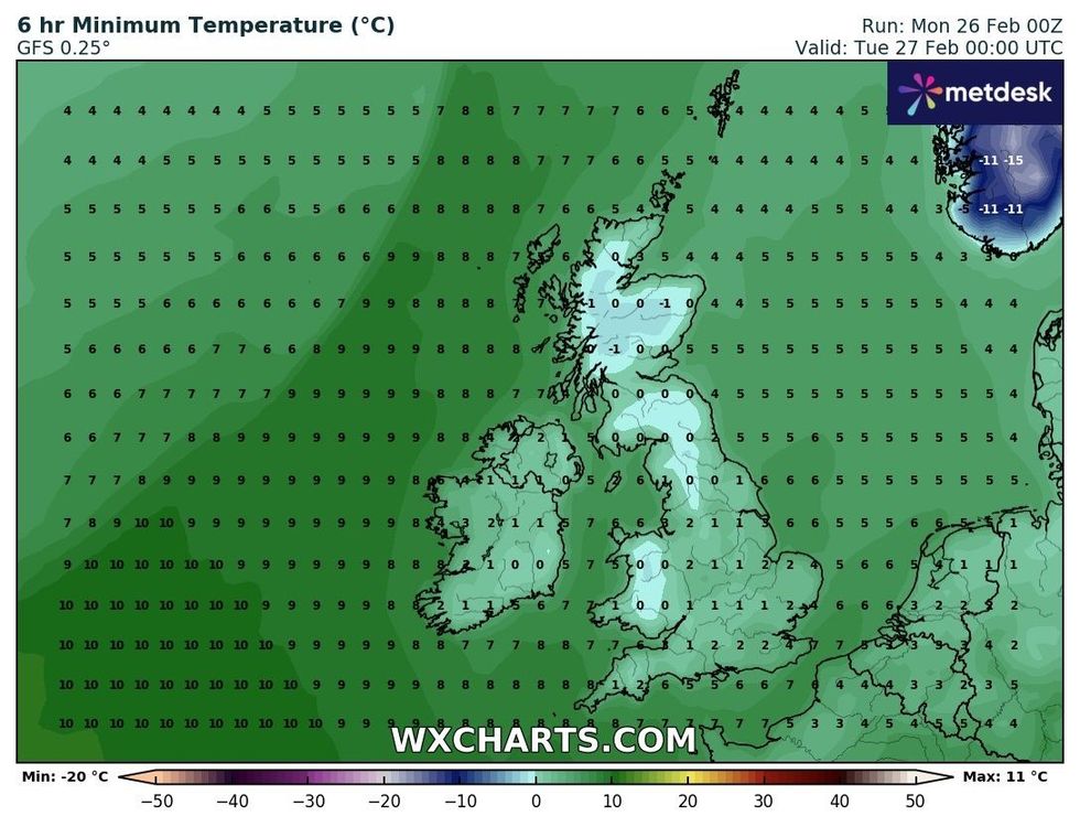 Minimum temperatures will hover around freezing overnight on Tuesday