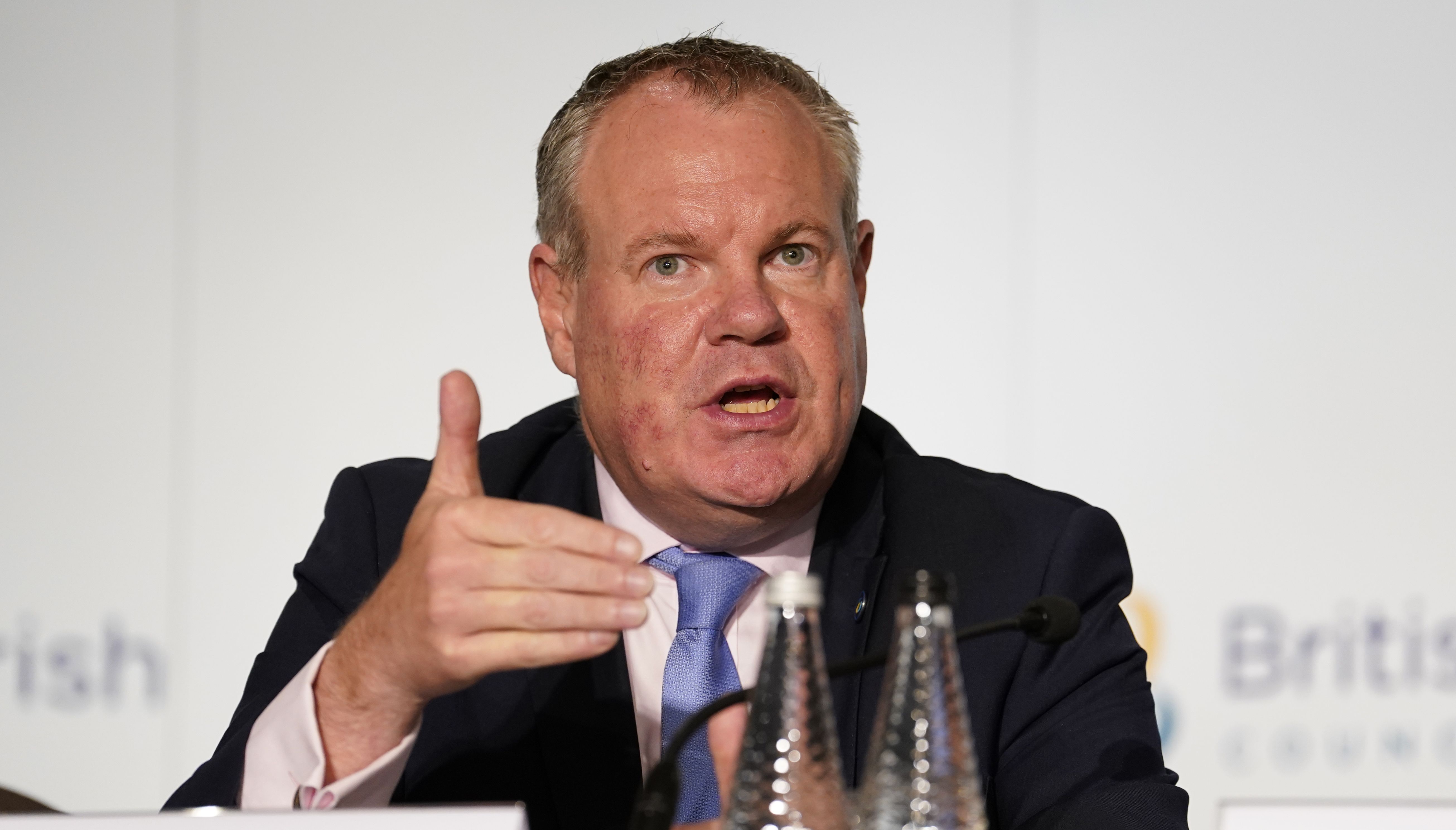 Minister of State for Northern Ireland Conor Burns during a press conference following a British-Irish Council (BIC) summit meeting at the St Pierre Park Hotel in Guernsey. Picture date: Friday July 8, 2022.