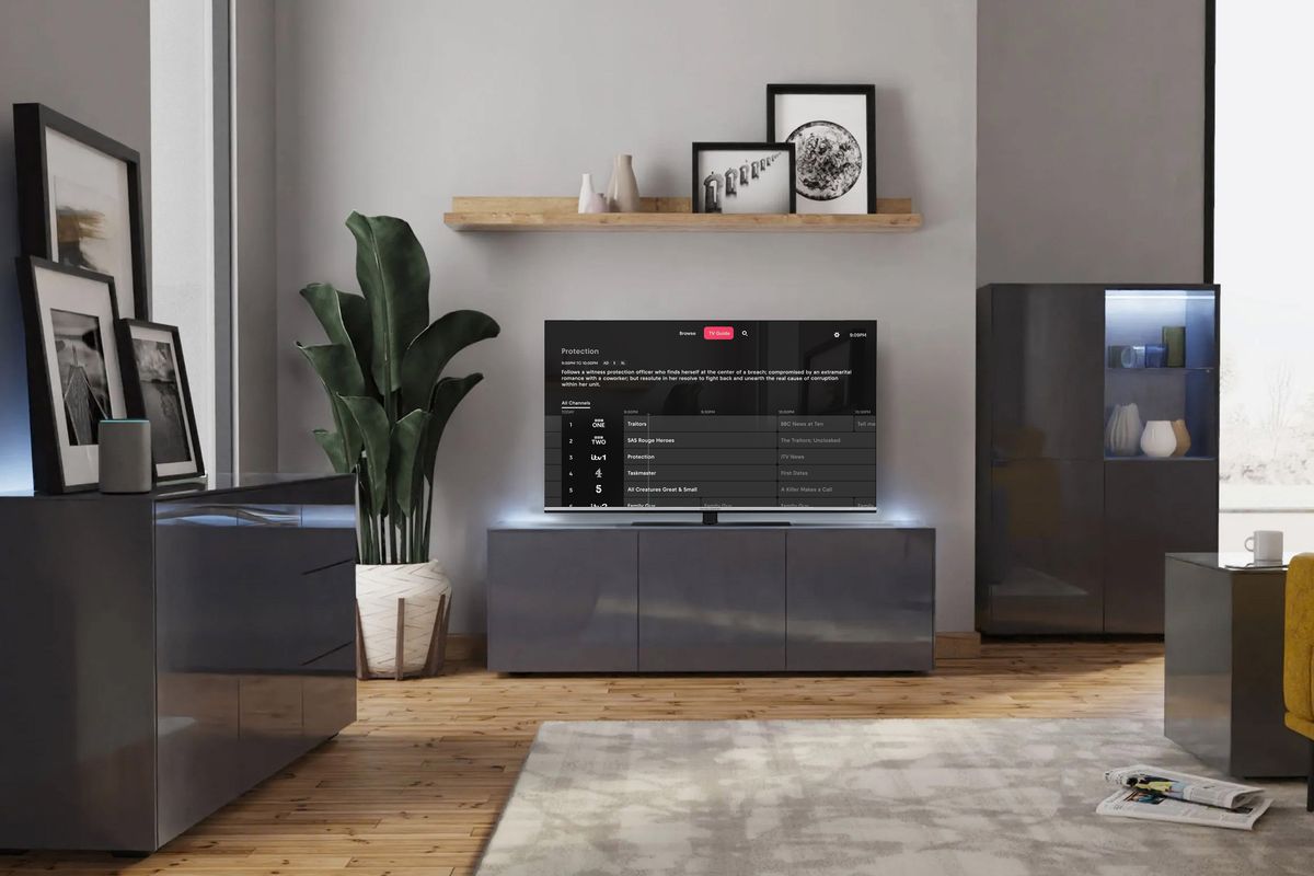 mitchell and brown smart tv with traditional freeview experience shown in a modern living room