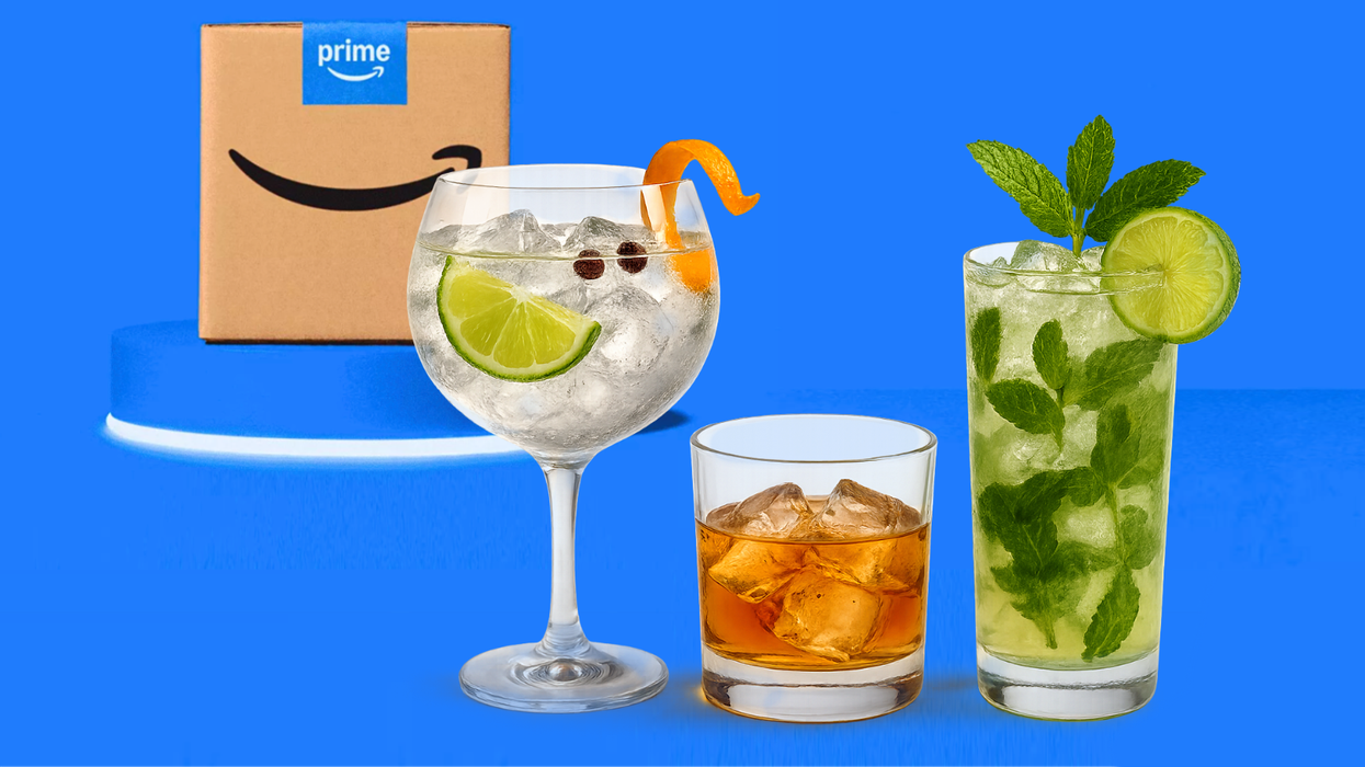 Mixed drinks displayed next to an Amazon Prime shipping box