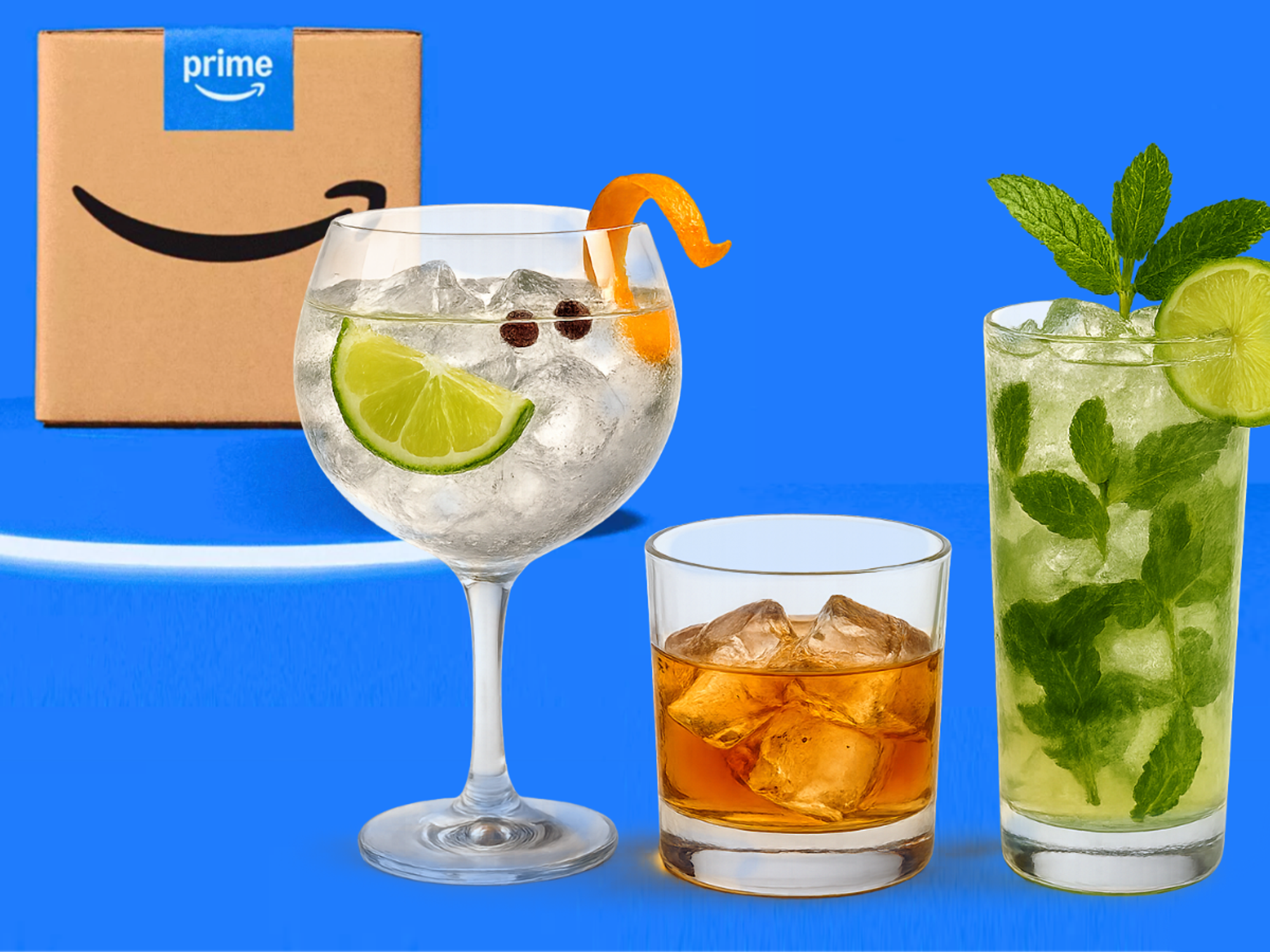 Mixed drinks displayed next to an Amazon Prime shipping box