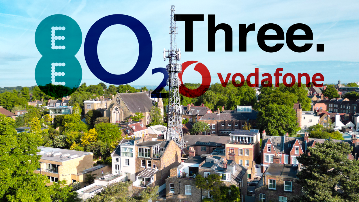 mobile network logo including EE, Vodafone, Three, and O2 surrounding an aerial mast in a UK village