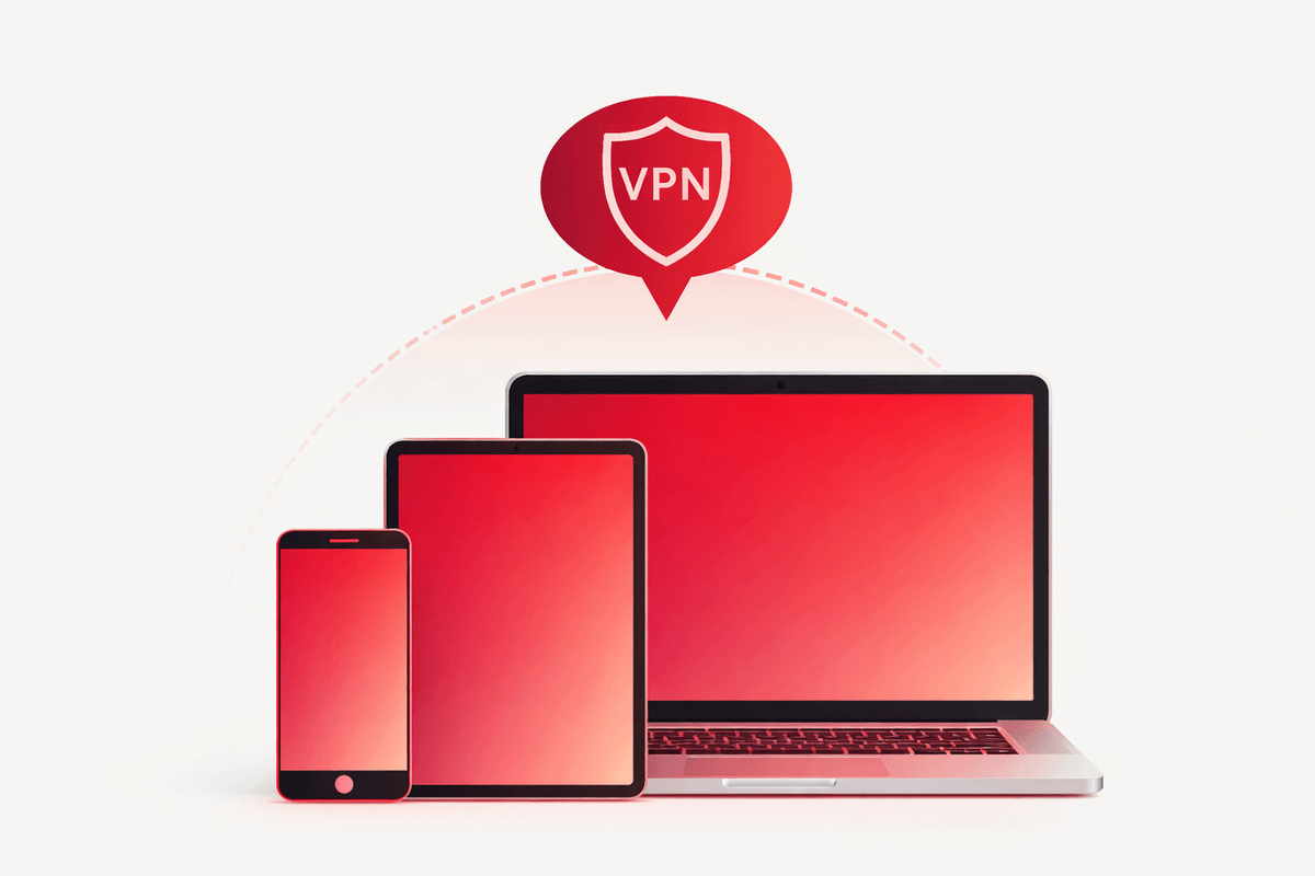 Mobile, tablet, and laptop with a VPN symbol above them