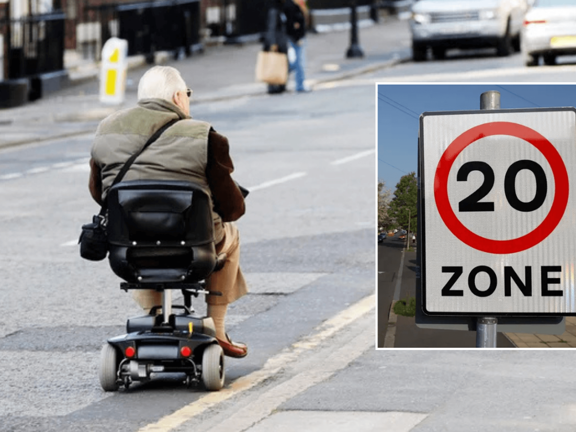 Mobility scooter and 20mph sign