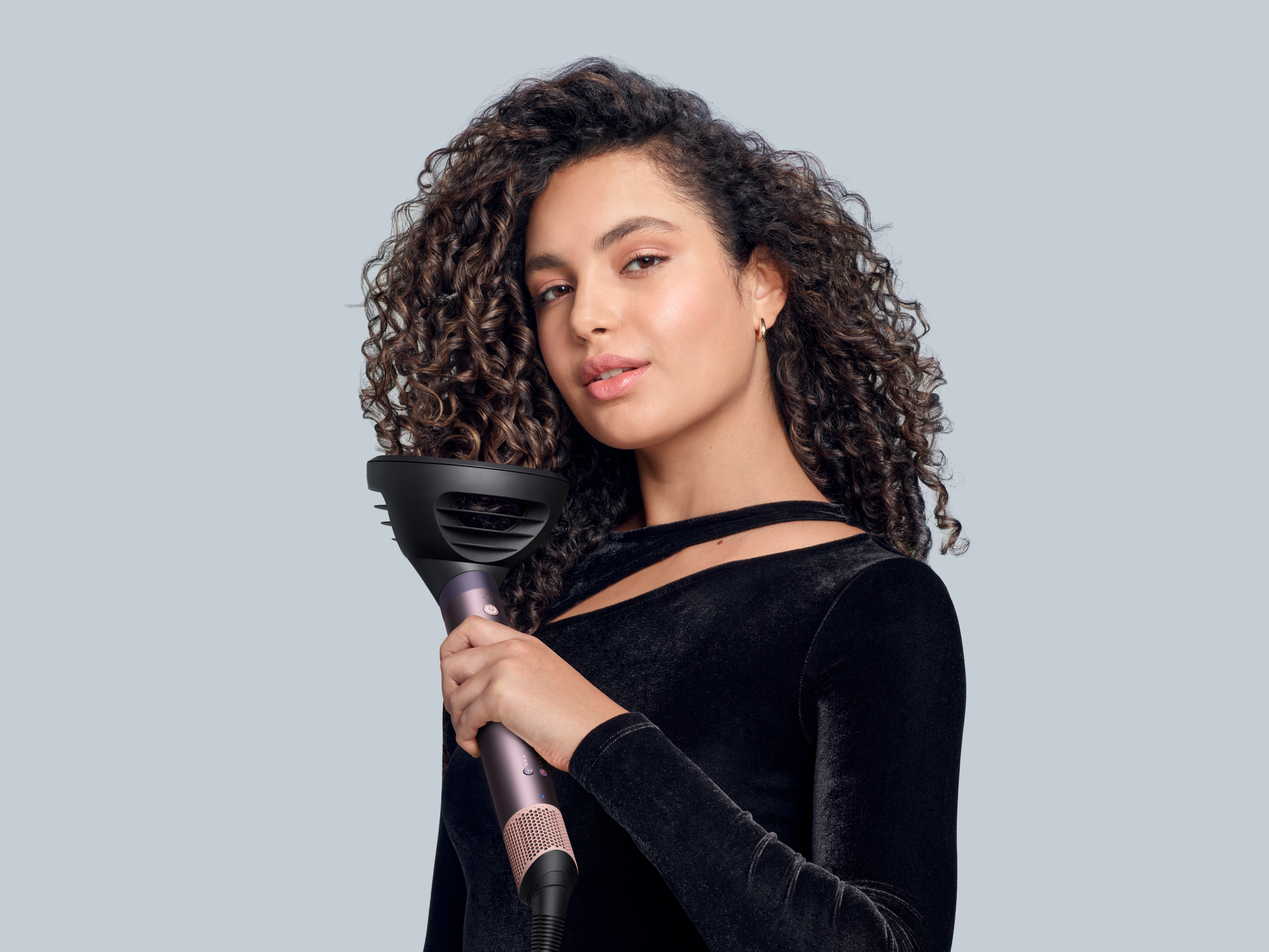 model pictured using the Wave+Curl Diffuser 2x on the new dyson airwrap