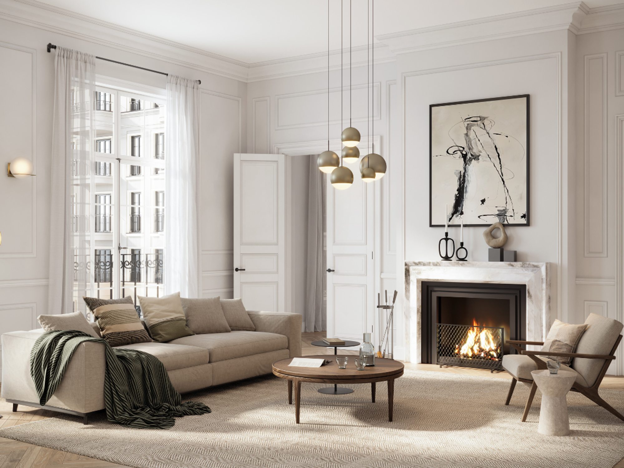 Modern living room decorated with range of lighting and a fire