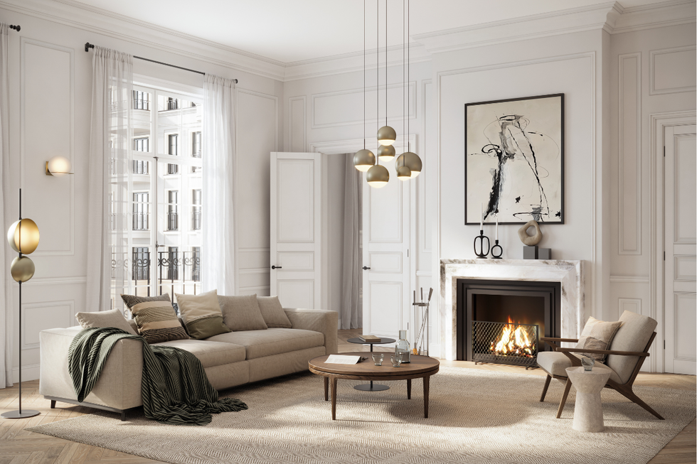 Modern living room decorated with range of lighting and a fire