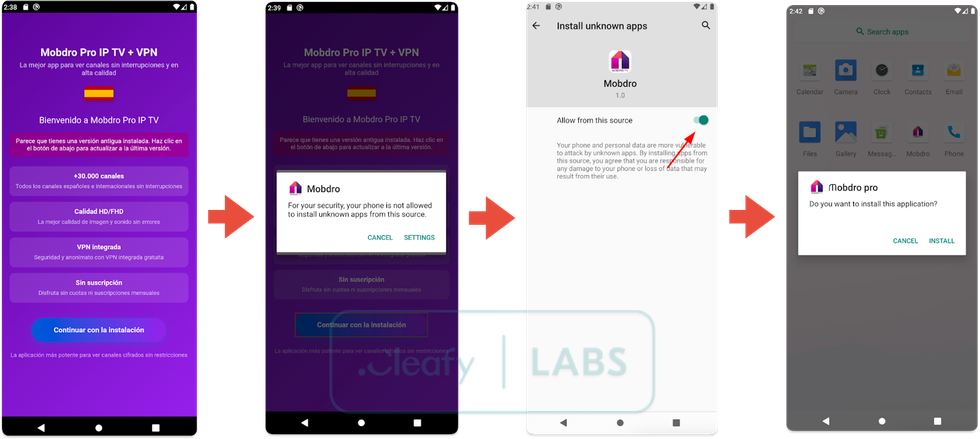 Modpro IP TV + VPN android app installation process to add malware