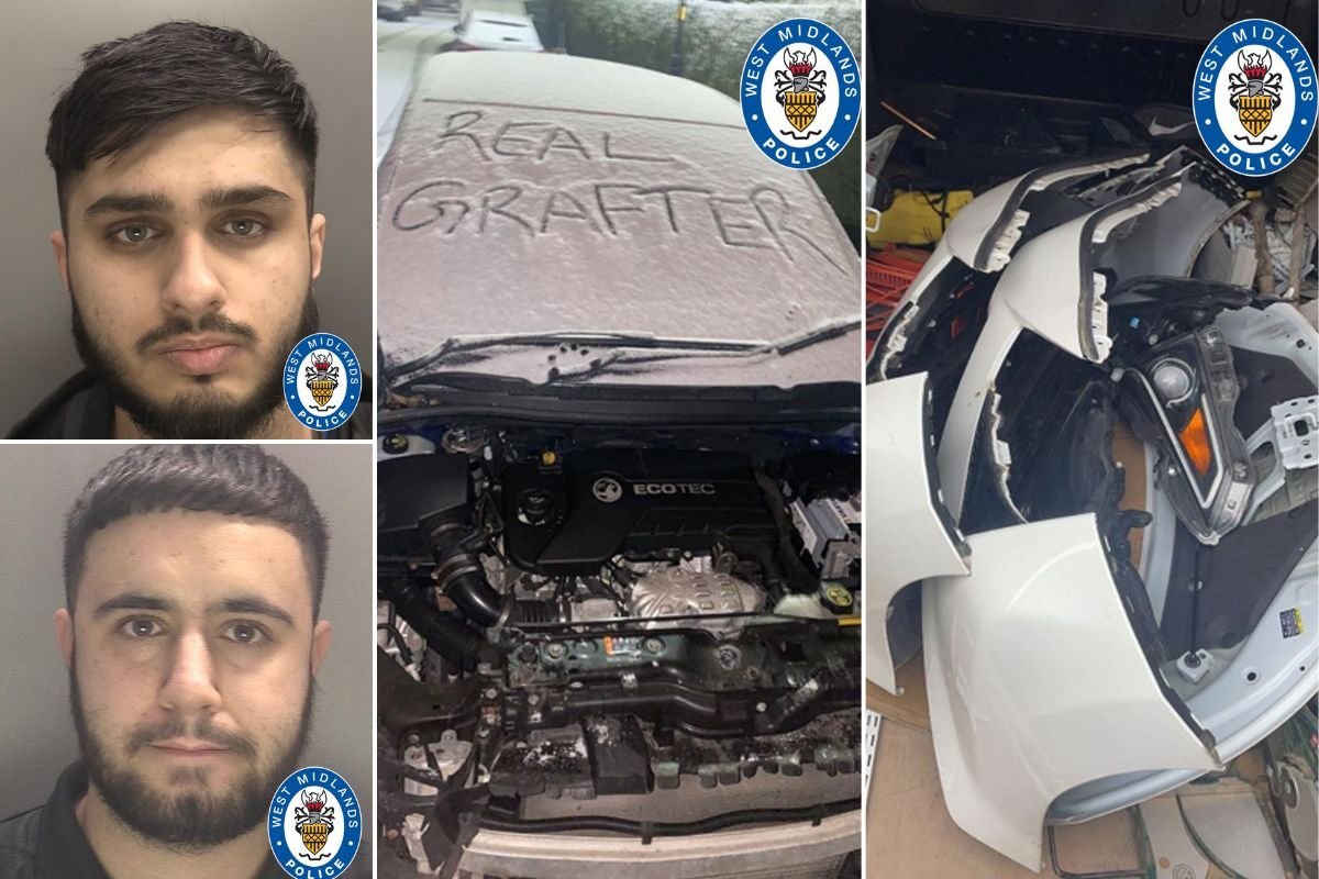 Mohammed Haydar (top) and Mohammed Khan (bottom), a stripped car and stripped car parts