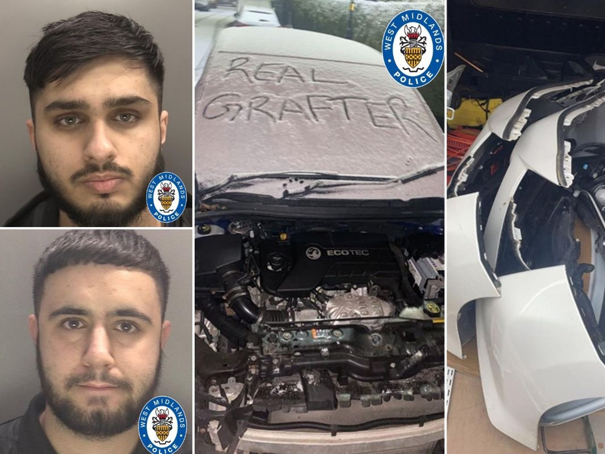 Mohammed Haydar (top) and Mohammed Khan (bottom), a stripped car and stripped car parts