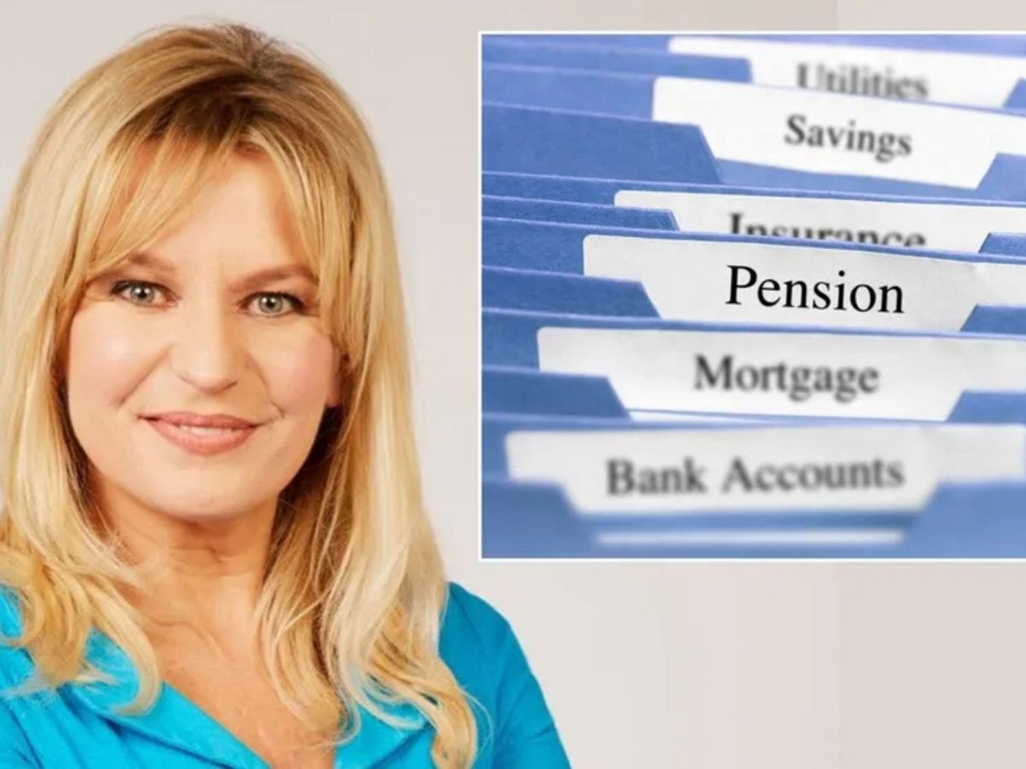 Money expert Jasmine Birtles next to pension folder