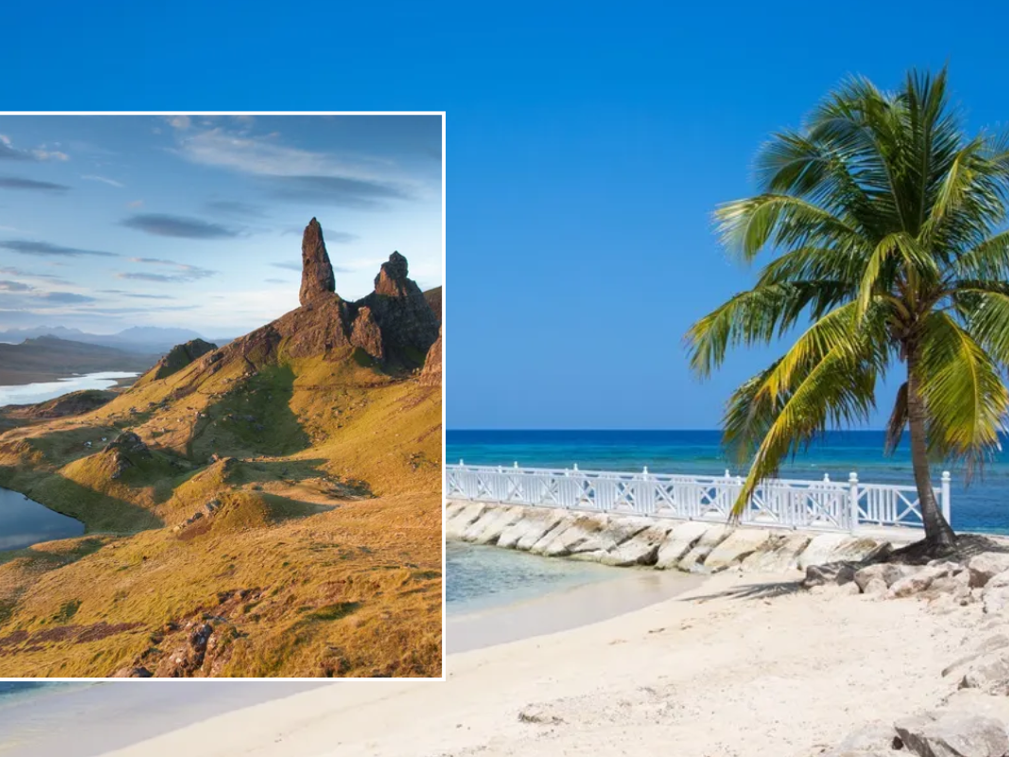 Montego Bay beach Jamaica / Mountains Old Man of Storr Isle of Skye Scotland