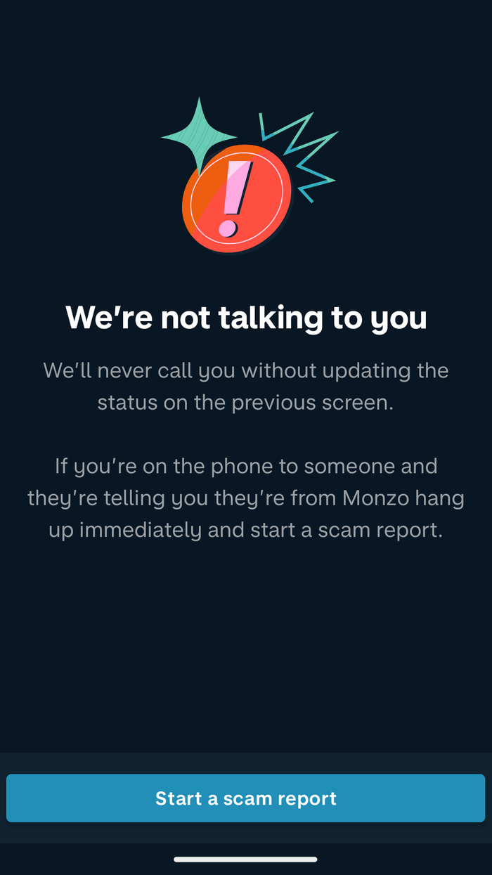 Monzo app giving customers the option to 'start a scam report'