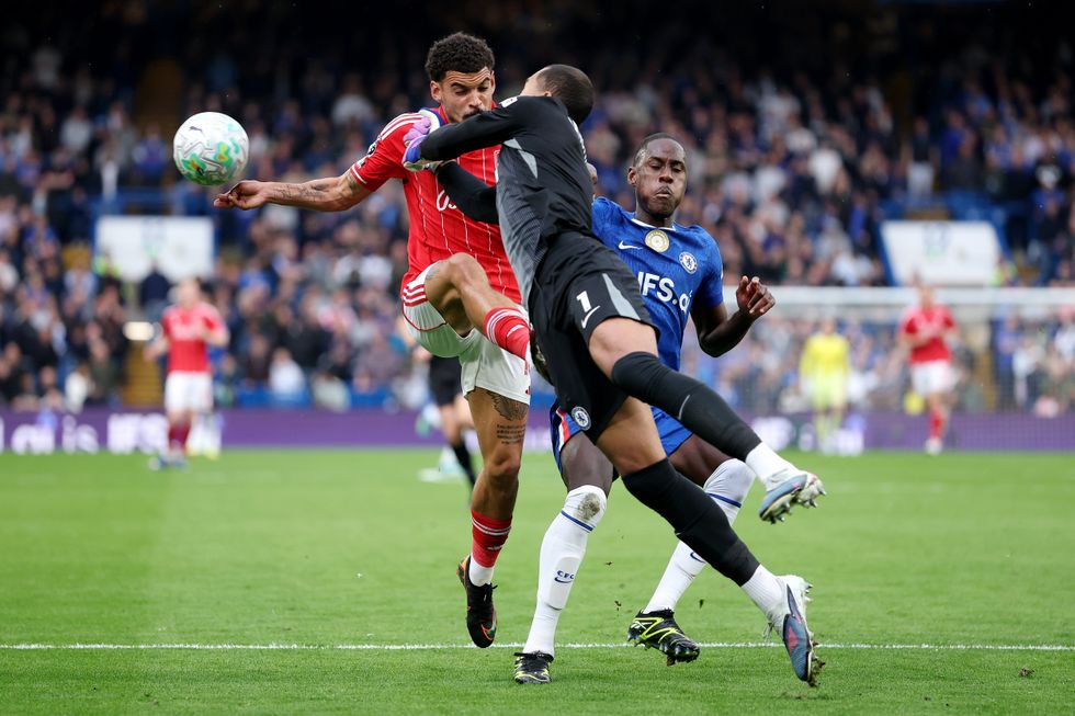 Morgan Gibbs-White and Robert Sanchez collided in the second half of Nottingham Forest's win over Chelsea