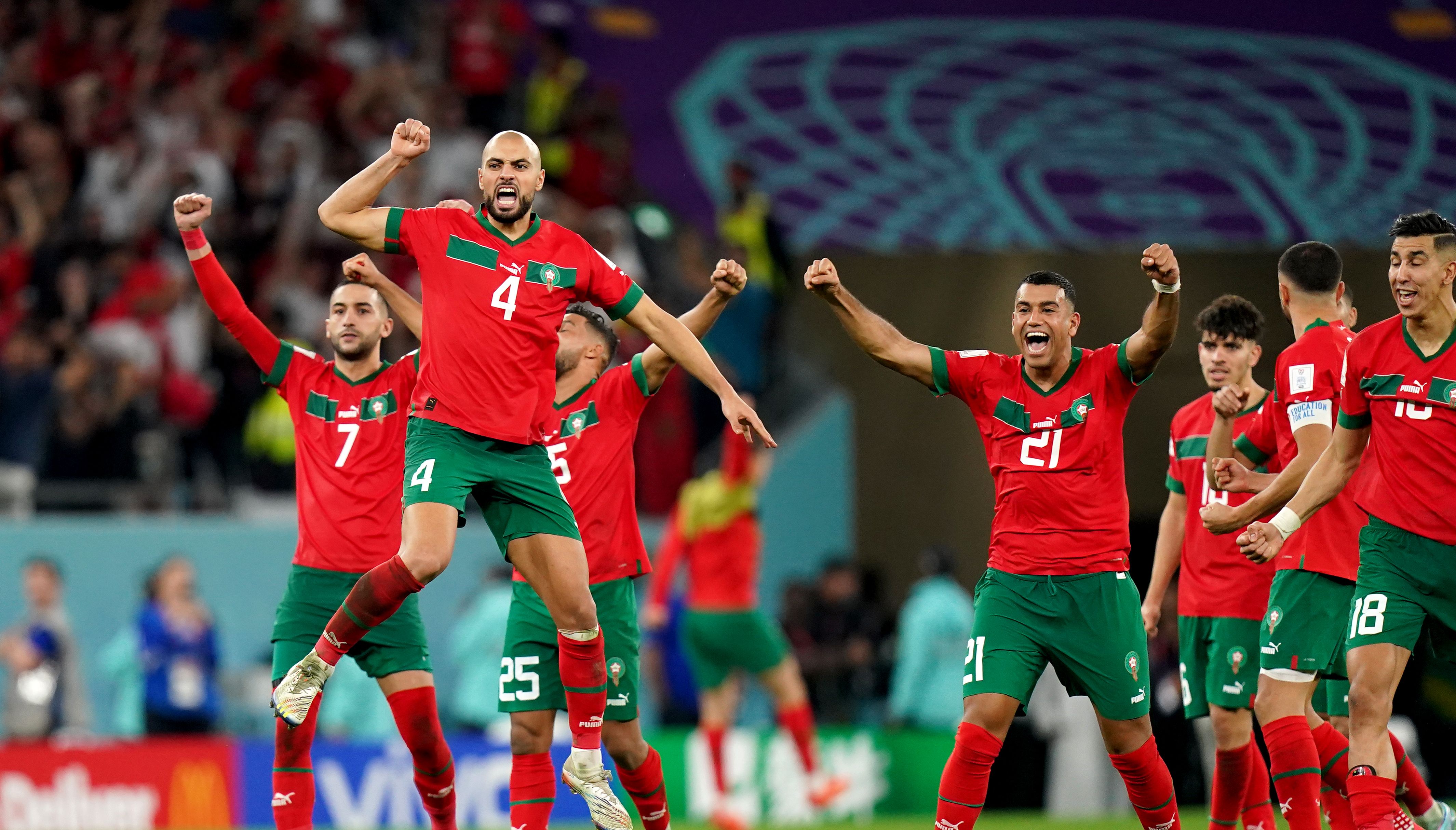 Morocco celebrate their 2022 World Cup victory over Spain.