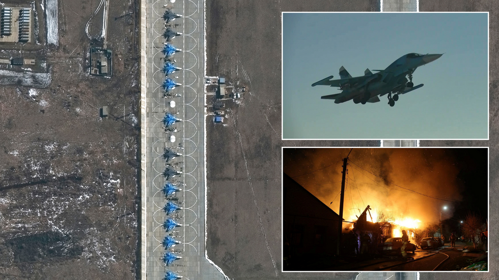 Morozovsk base/Su-34 fighter-bombers/Firefighters work to extinguish a fire