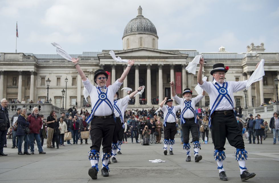 Morris dancers take part in the Westminster Morris Men's annual Day of Dance in Trafalgar Square, London,