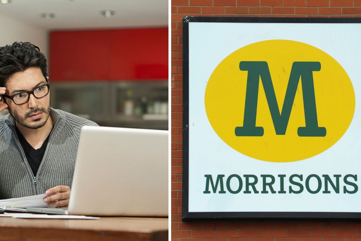 Morrisons logo and person looking concerned at laptop