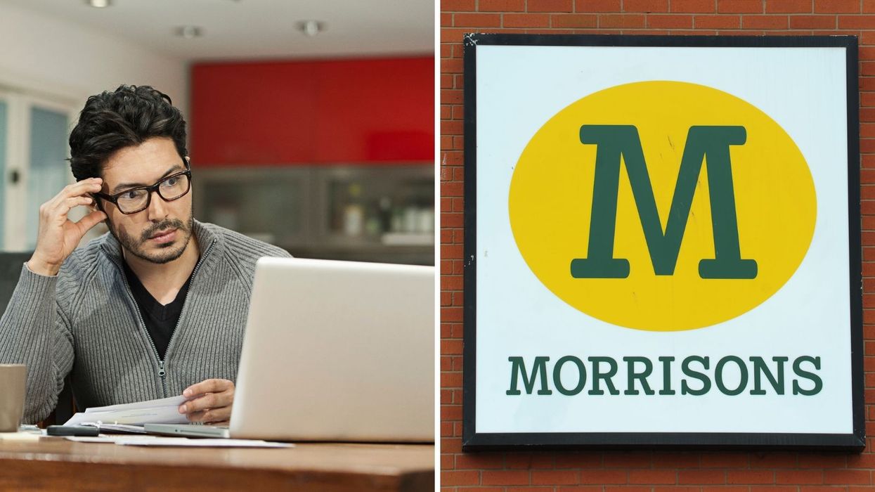 Morrisons logo and person looking concerned at laptop