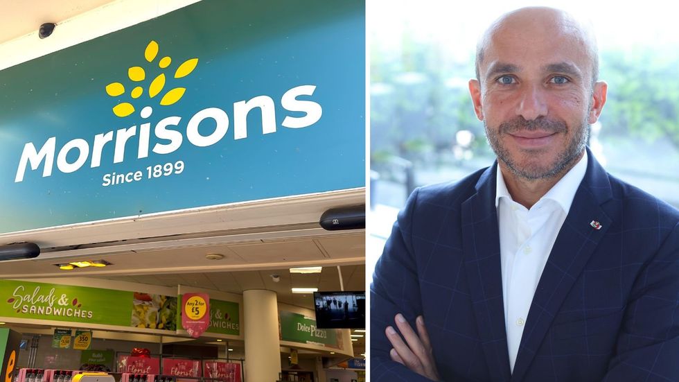 Morrisons logo at store and chief executive Rami Baiti\u00e9h