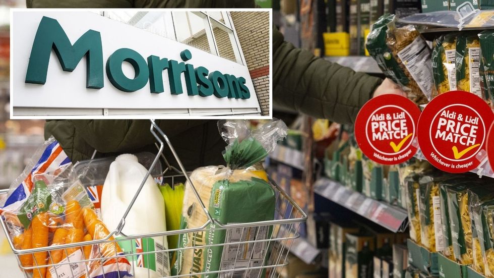 Morrisons shopper holds basket of products while browsing shelves and supermarket logo