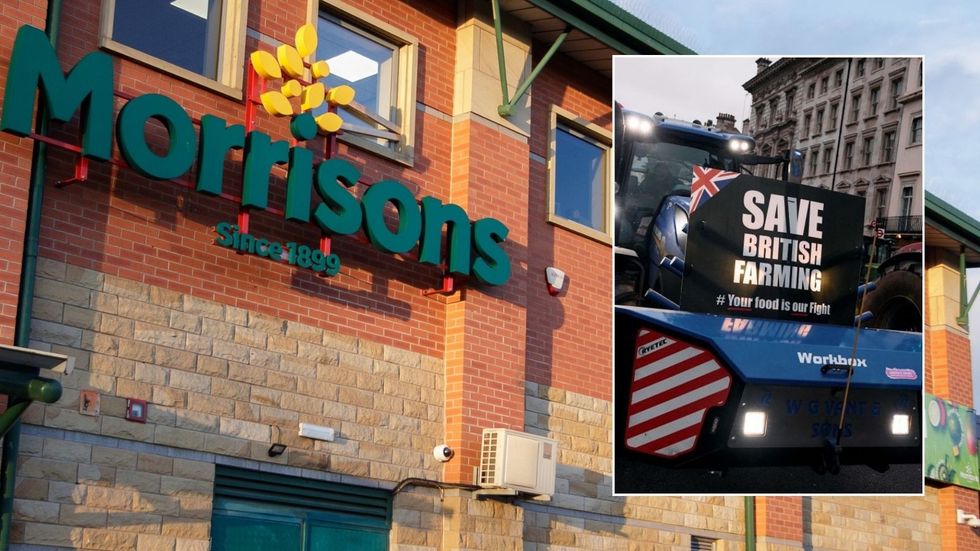 Morrisons store and farmers protesting inheritance tax