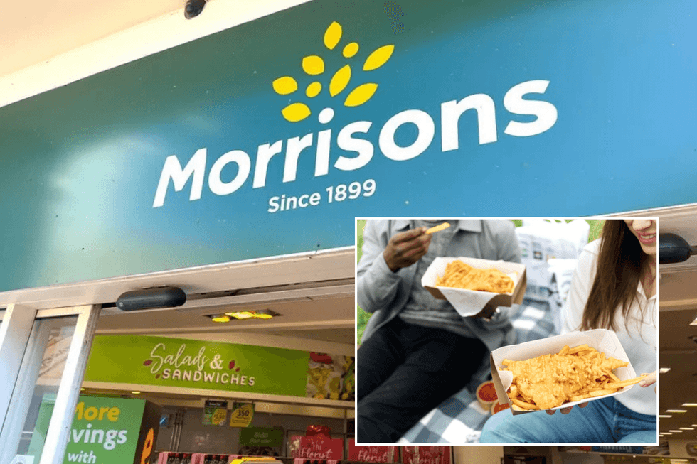 Morrisons store sign / two people eating fish and chips