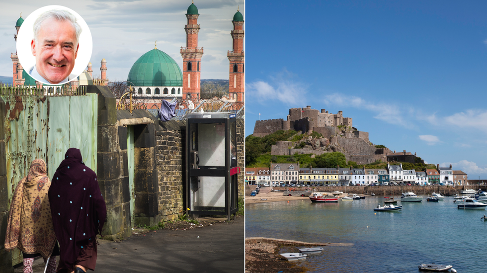 Mosque in Bradford (left), Jersey coast (right)