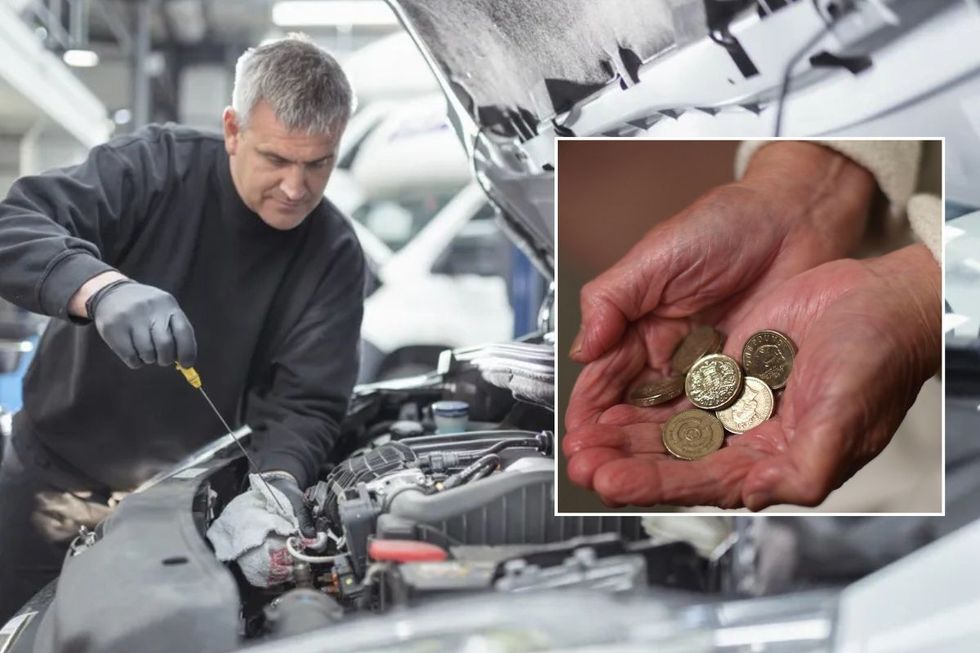 MOT test and an old person holding pound coins
