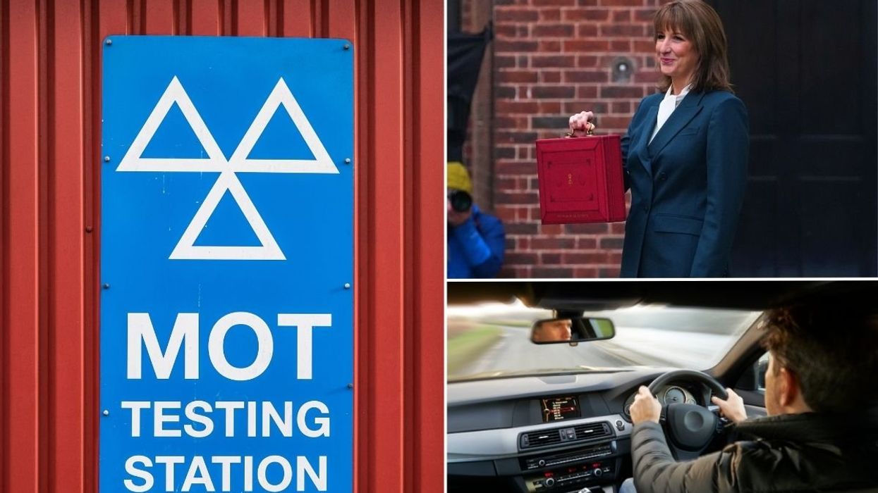 MOT test centre, Chancellor Rachel Reeves and a man driving a car
