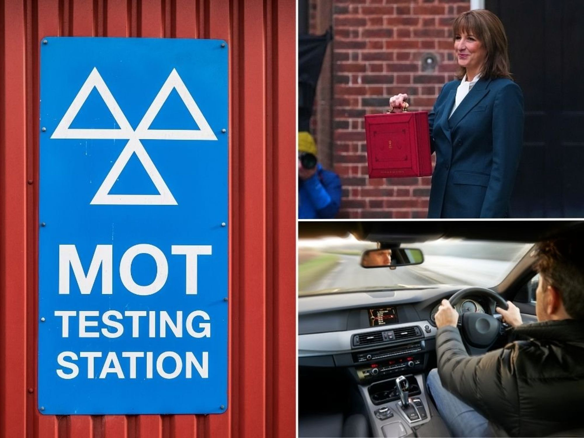 MOT test centre, Chancellor Rachel Reeves and a man driving a car