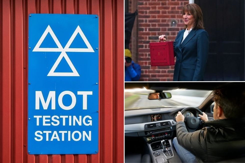 MOT test centre, Chancellor Rachel Reeves and a man driving a car