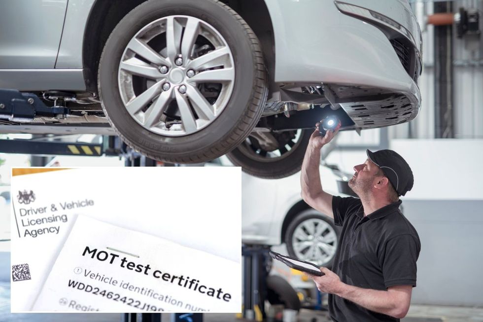 MOT test certificate and a mechanic inspecting a car