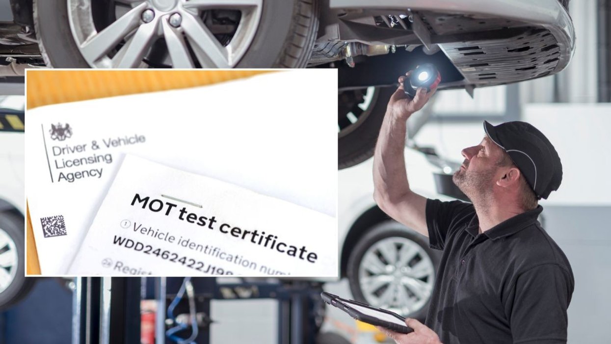 MOT test certificate and a mechanic performing an MOT inspection