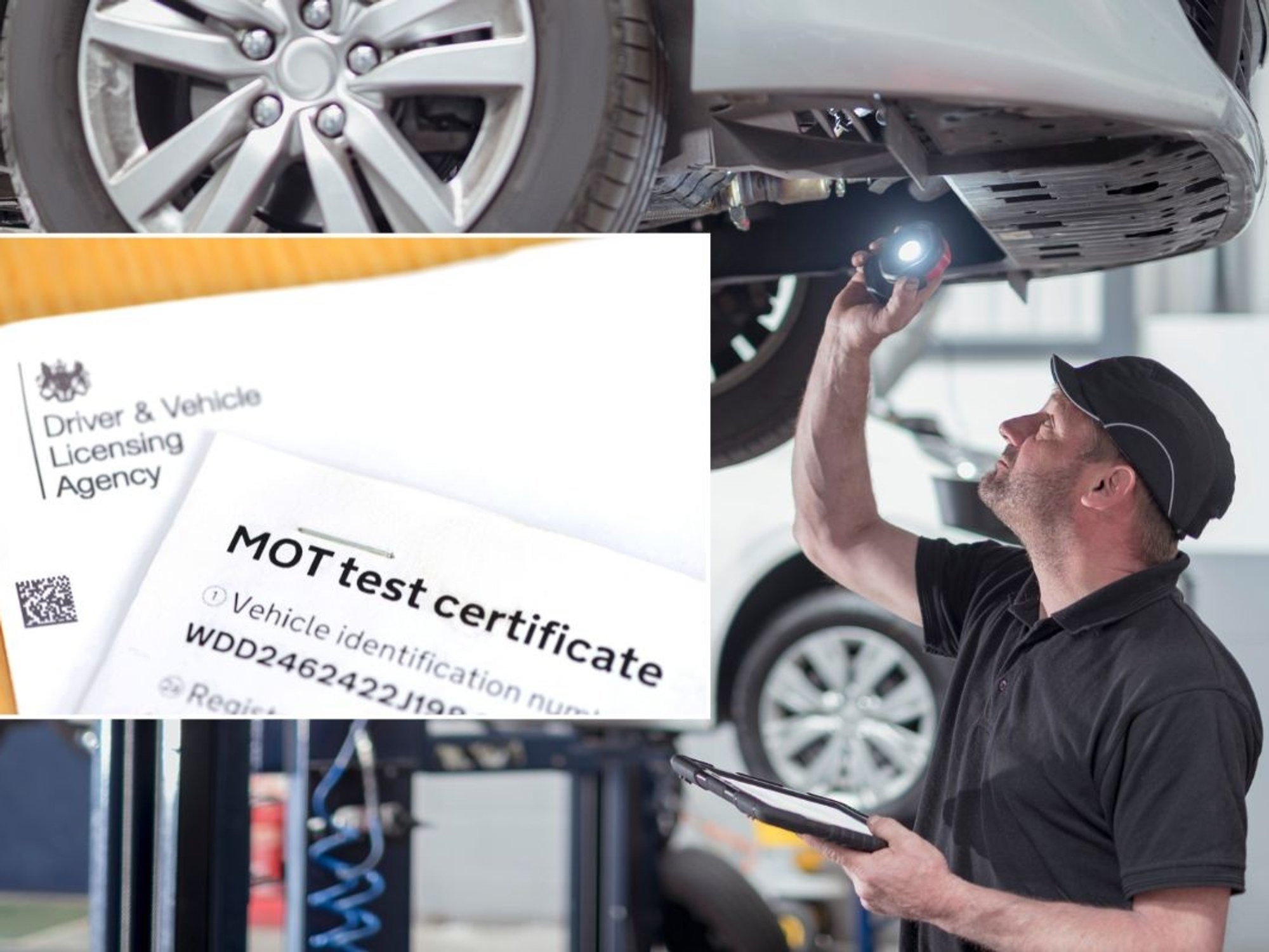 MOT test certificate and a mechanic performing an MOT inspection