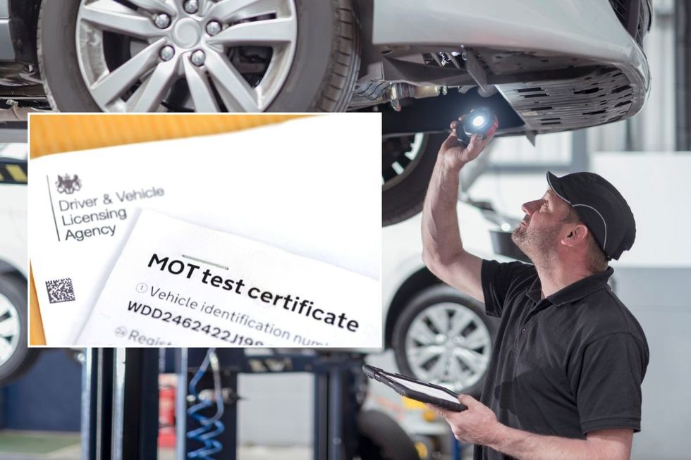 MOT test certificate and a mechanic performing an MOT inspection