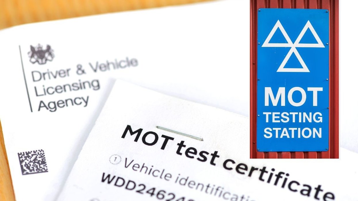 MOT test certificate and an MOT testing station sign