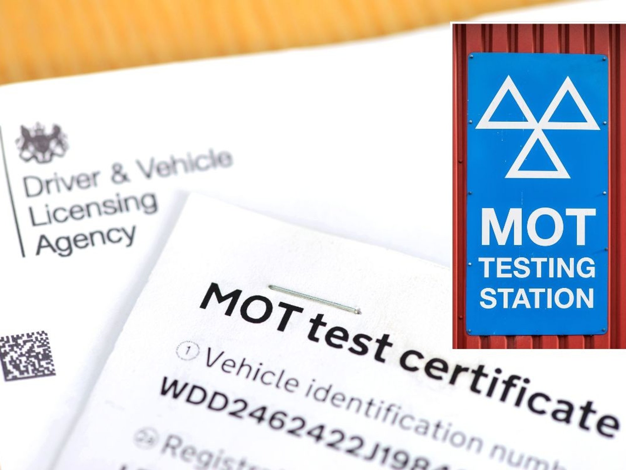 MOT test certificate and an MOT testing station sign